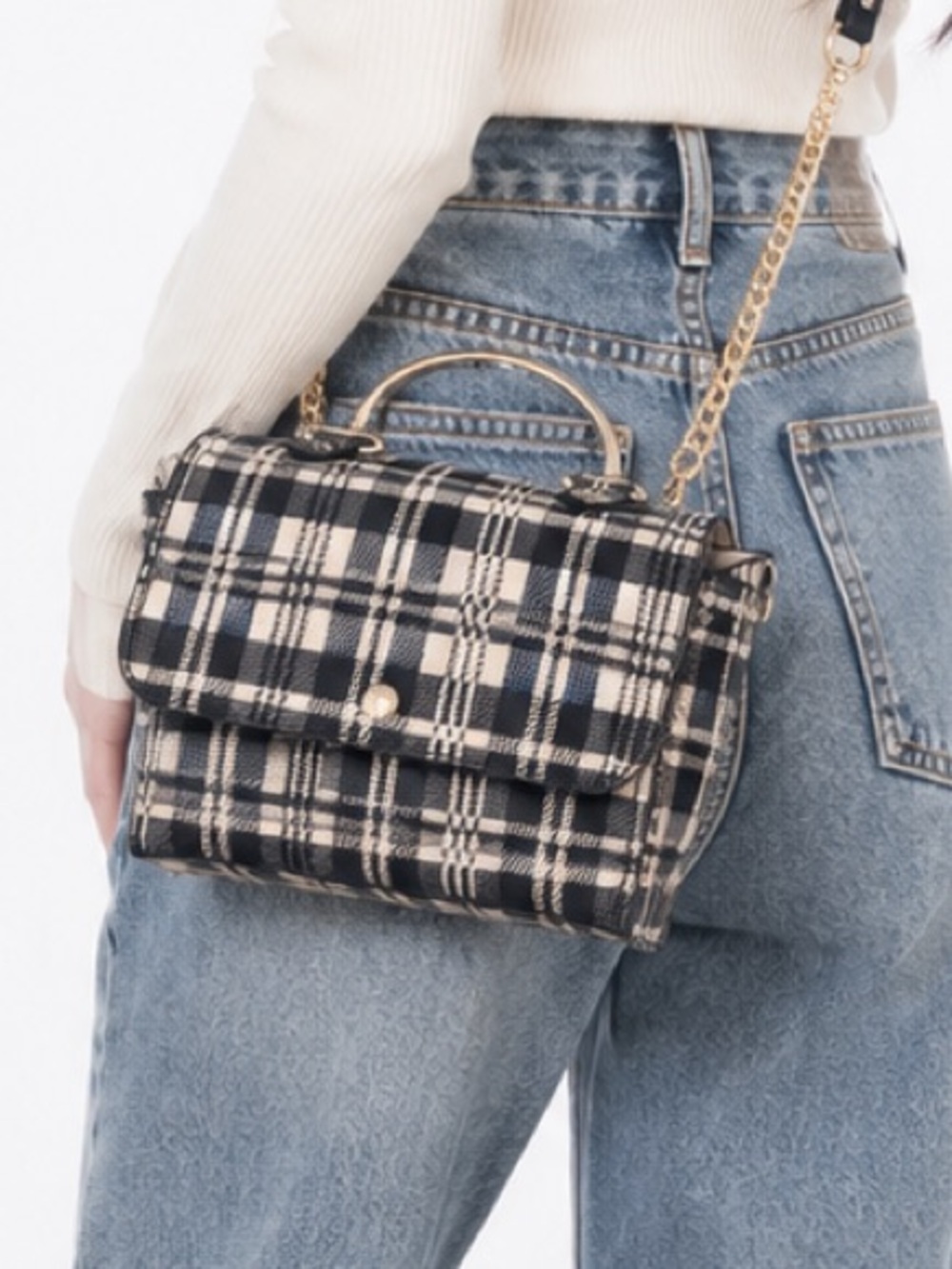 Plaid Crossbody Satchel Bag in Navy Blue & White with Good Chain cross body Bag